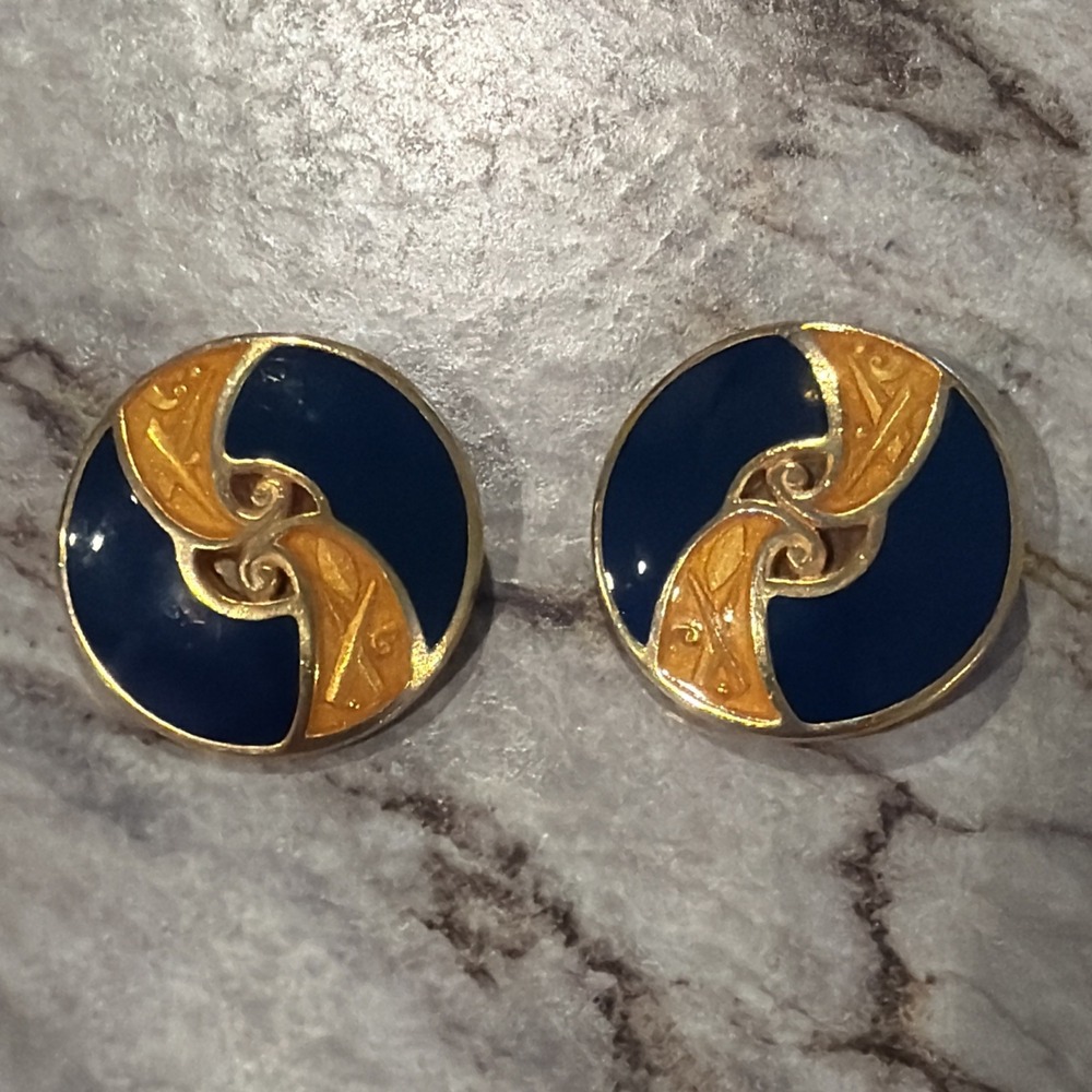 Vtg Edgar Berebi Navy And Gold Abstract Enamel Earrings 1980s Clip On 1"